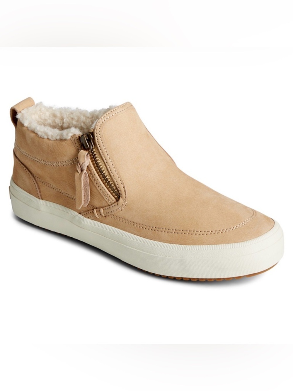 Sperry Crest Lug Side Zip Cozy Leather Sneaker Boots Beige Shearling Women 9